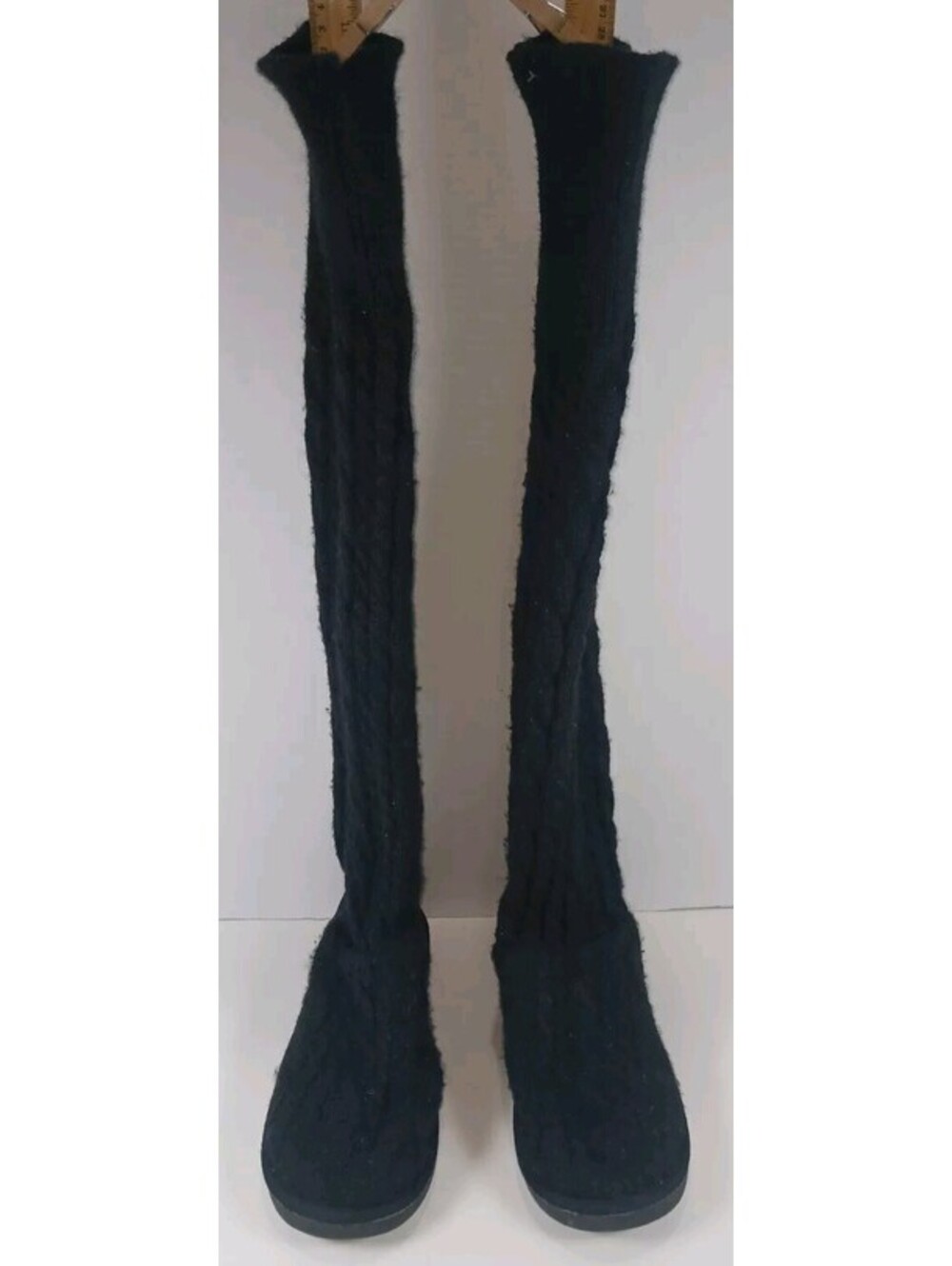 Brittany - Size 8 - Black Cable Knit Fuzzy Faux Fur Ruffled Shoes Stacked Boots